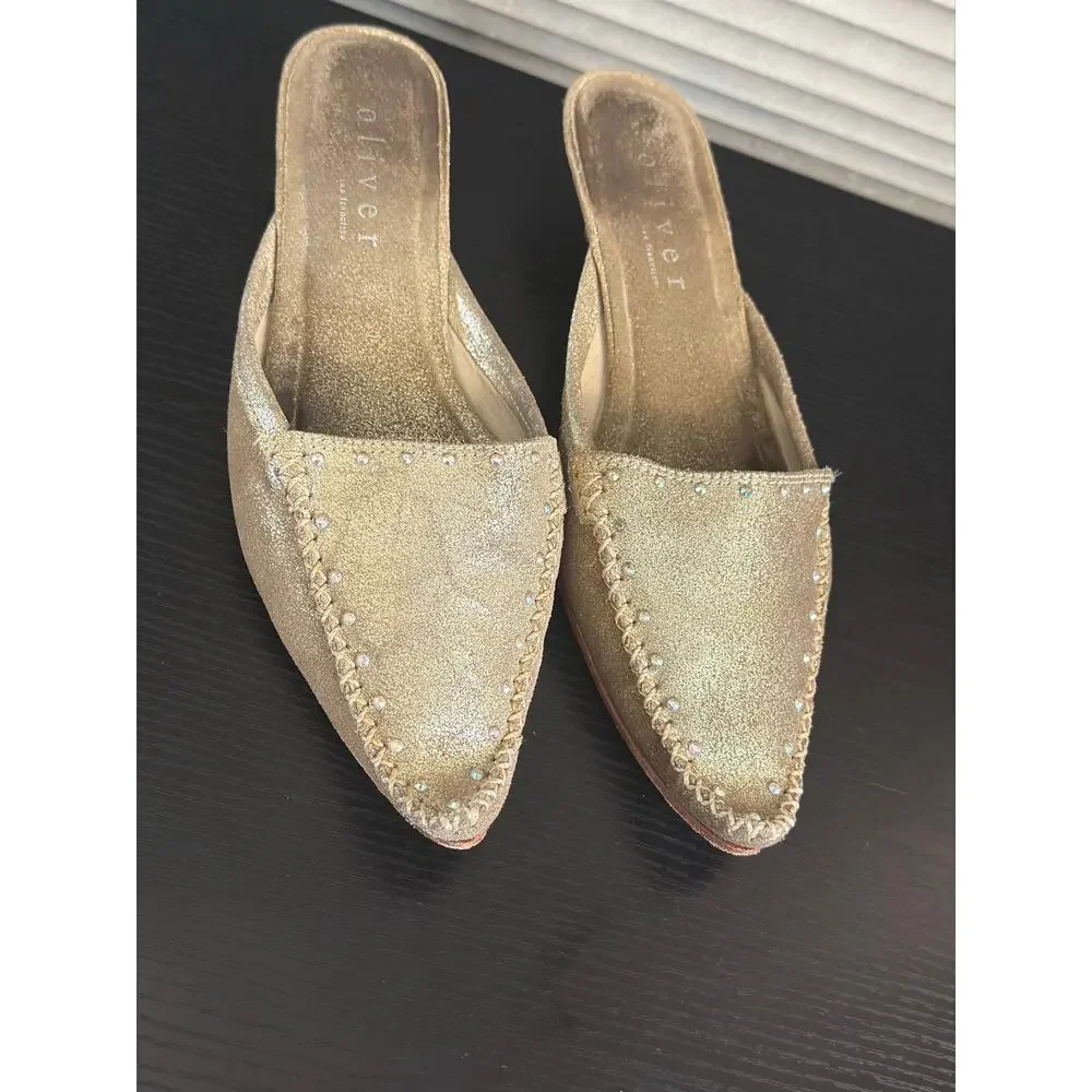 Oliver Addie Khaki Metallic Gold Leather Kitten Heel Mules Size 8 Pointed Toe